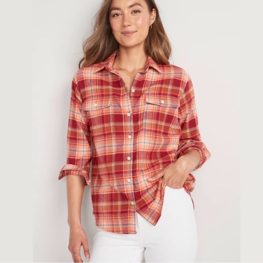 Old Navy Orange Red Long-Sleeve Tunic Boyfriend Plaid Flannel Shirt NWT 2X - Picture 4 of 16